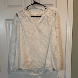 Women's Casual Floral Textured V Neckline Sheer Bell Sleeve Blouse White L